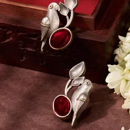 Priyaasi Silver-Plated Faux Ruby Studded Oxidized Contemporary Parrot Studs image 3
