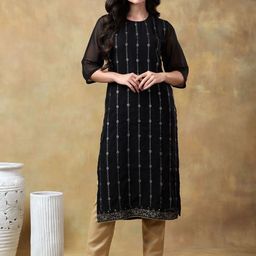 ANGITA Women Embroidered Sequinned Floral Georgette Kurta-image-12