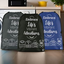 Aura Blue & Black 3 Pieces Printed Foldable Water Resistant Multi-Utility Laundry Bags-12