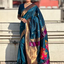 ELITE WEAVES Ethnic Motifs Zari Silk Blend Paithani Saree-picture-9