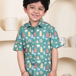 Polka Tots Boys Conversational Printed Spread Collar Cotton Casual Shirt-37