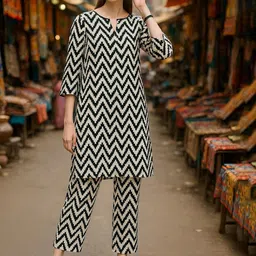 Lookmark Geometric Printed Notch Neck Straight Kurta With Trousers-picture-36