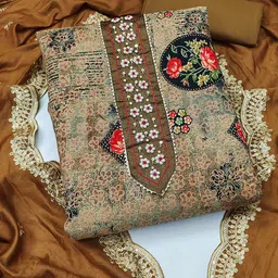 HERE&NOW Floral Printed Beads and Stones Cotton Unstitched Dress Material-image-4
