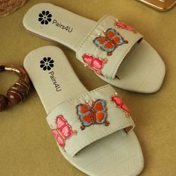 Pairs4U Women Embroidered Open Toe Flats-14