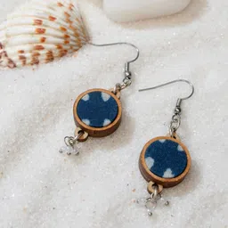 WHE Wooden Fabric & Artificial Beaded Circular Shaped Drop Earrings-2