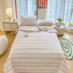 JC HOME Cream & Pink Floral Printed 240 TC Cotton Double Bed Queen Bed Cover Set-image-24