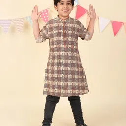 Fabindia Boys Abstract Printed Long Sleeves Mandarin Collar Cotton Straight Kurta-6