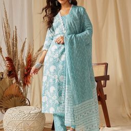 Ginni Arora Label Floral Printed Pure Cotton Straight Kurta With Trousers & Dupatta-58