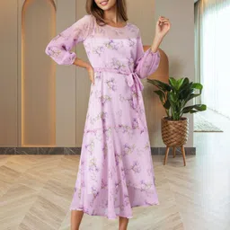 Souchii Floral Print Round Neck Chiffon A-Line Midi Dress-image-93
