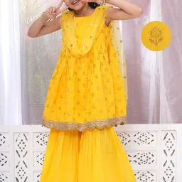 Little Bansi Girls Ethnic Motifs Regular Sequinned Pure Cotton Kurta with Sharara & With Dupatta-picture-51