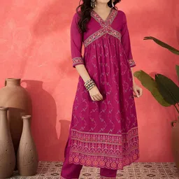 Sangria Floral Embroidered V-Neck Sequinned Empire A-Line Kurta Trousers-picture-20