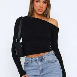 bebe One Shoulder Fitted Crop Top-image-27