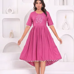 Meeranshi Women Floral Printed with Pom-Pom Detail Liva Fit & Flare Midi Dress-image-79