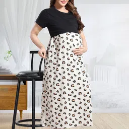 MomsBae Women Abstract Printed Maternity Midi Nightdress-image-47