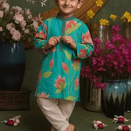 SAKA DESIGNS Boys Floral Printed Regular Pure Cotton Kurta with Pyjamas-9