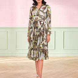 AND Women Shirt Collar V Neck Floral Print A-Line Dress-77