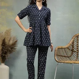 ETC Floral Printed Pure Cotton Shirt Collar Peplum Top With Trousers Co-Ords-picture-11