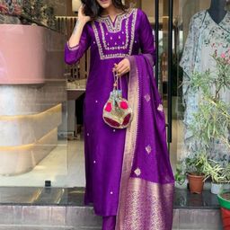 KALINI Floral Embroidered Sequnnied Chanderi Silk Straight Kurta With Trousers & Dupatta-36