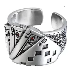 Zoey Rhodium-Plated Intricate Playing Cards Textured Details Adjustable Finger Ring-11
