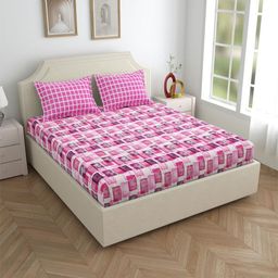 Salona Bichona Pink & White Geometric 180 TC King Bedsheet with 2 Pillow Covers-image-86