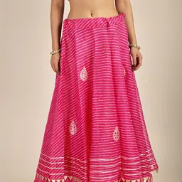 Exotic India Cotton Kota Doriya Leheriya Print Flared Maxi Skirt-image-48