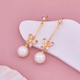 GC PREMIUM JEWELLERY Stainless Steel Gold-Plated CZ Studded & Pearls Beaded Drop Earrings-image-59