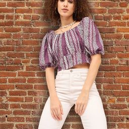 DressBerry Print Puff Sleeve Cotton Blouson Crop Top-image-97