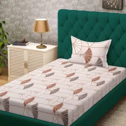 KLOTTHE Cream Coloured & Brown Floral 300 TC Fitted Single Bedsheet - 2.25 m x 1.50 m-image-61