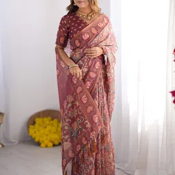 DIVASTRI Ethnic Motifs Printed Pure Linen Saree-image-10