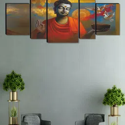 SAF Blue & Yellow 5 Pieces Wood Buddha Religious Wall Art-image-71