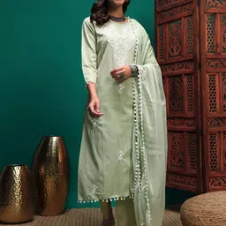 Sangria Floral Embroidered Pure Cotton Chikankari Straight Kurta & Trousers With Dupatta-21