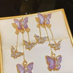 KRENOZ Gold-Plated Stones Studded Butterfly Shaped Tasselled Drop Earrings-image-48
