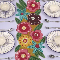 YWULY Maroon & Yellow Embroidered Beaded Dining TableRunner-image-28