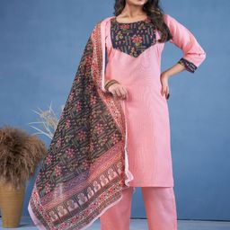 SHINEBIN Women Ethnic Motifs Yoke Design Cotton Kurta with Trousers & Dupatta-image-76