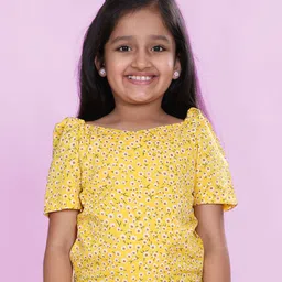 KiddoPanti Girls Floral Printed Boat Neck Puff Sleeves Top-picture-15