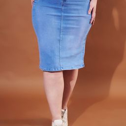 Purple Feather Plus Size Denim Pencil Midi Skirt-image-16