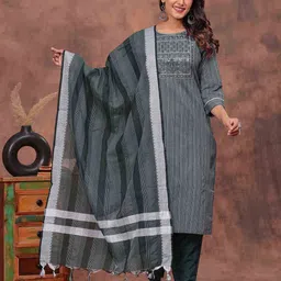 DIZON Ethnic Motifs Embroidered Regular Pure Cotton Straight Kurta with Trousers & Dupatta-picture-2