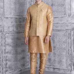 Ethluxis Mandarin Collar Dupion Silk Straight Kurta With Churidar & Jacquard Nehru Jacket-44