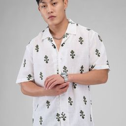 VASTRADO White & Olive Embroidered Cuban Collar Oversized Shirt-image-32