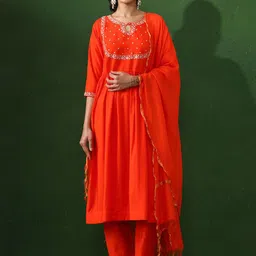Jaipur Kurti Floral Yoke Design Pleated Sequinned A-Line Kurta With Trousers & Dupatta-6