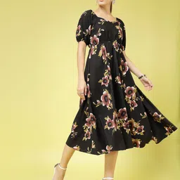 Oomph! Floral Printed Puff Sleeve Fit & Flare Midi Dress-image-77