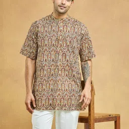 Fabindia Ethnic Motifs Bagru Printed Band Collar Pure Cotton Straight Kurta-picture-17