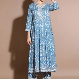 Anouk Blue Ethnic Motifs Embroidered Mirror Work Pure Cotton Anarkali Kurta & Trouser-picture-58