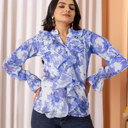 Tilton Floral Print Mandarin Collar Flared Sleeve Ruffles Georgette Top-image-20