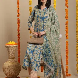 DIVASTRI Women Floral Printed Regular Kurta with Trousers & With Dupatta-18
