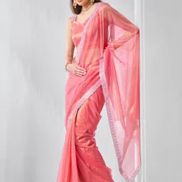 odette ODETTEWomen Peach Net Embellished Saree With Unstitched Blouse image 3
