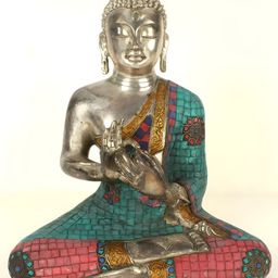 Exotic India Gold-Toned & Green Lord Tibetan Buddha Brass Idol Showpiece-image-50