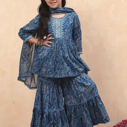 Biba Girls Floral Printed Regular Pure Cotton Anarkali Kurta With Sharara With Dupatta-image-40