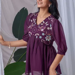 ZELZIS Women Purple Georgette Floral Work Tunic Top-picture-28
