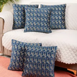 MONKDECOR Set Of 5 Blue Velvet Square Cushion Covers-19